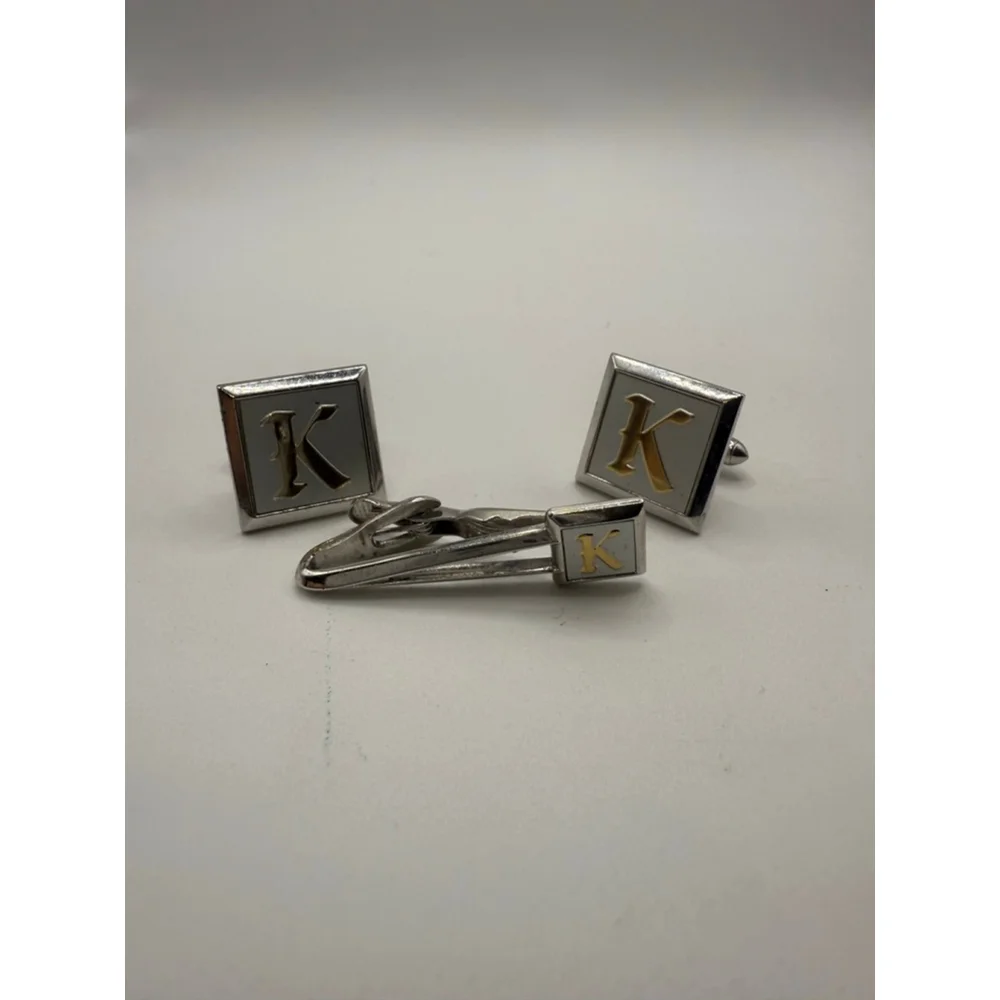 Men's Swank Silver Gold Tone K Initial Cuff Links & Tie Clip Set One Size